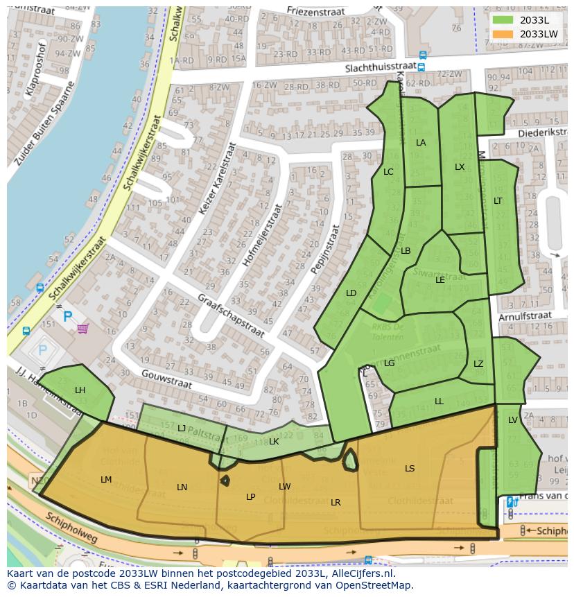 Afbeelding van het postcodegebied 2033 LW op de kaart.