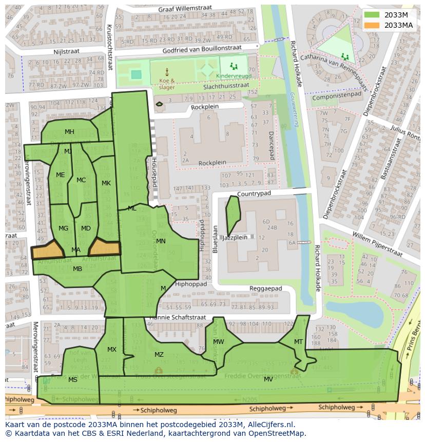 Afbeelding van het postcodegebied 2033 MA op de kaart.