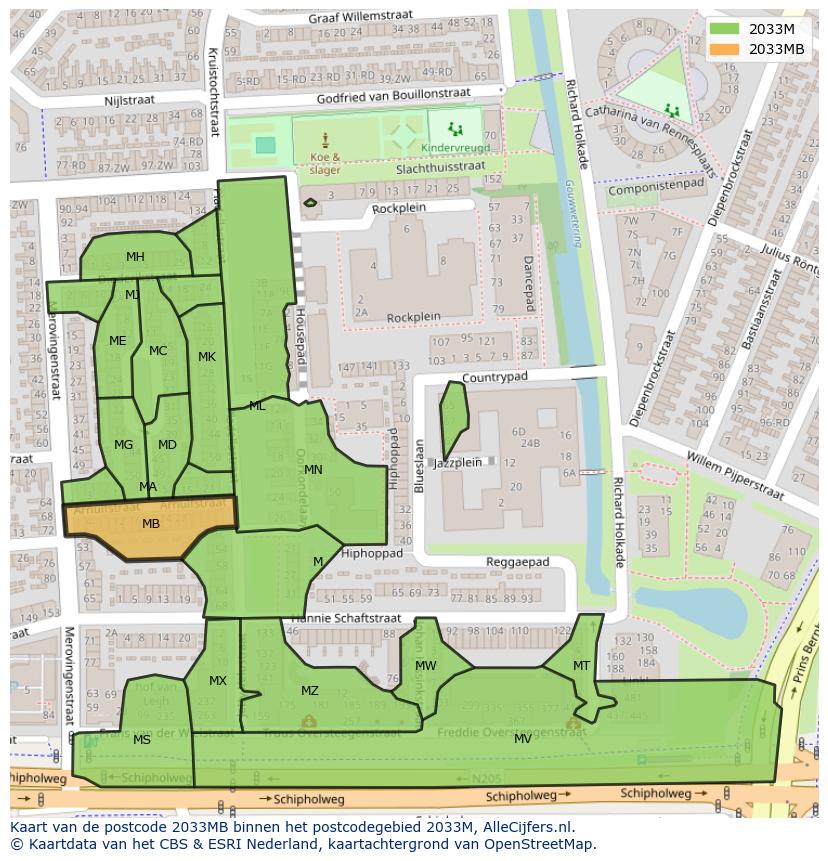 Afbeelding van het postcodegebied 2033 MB op de kaart.