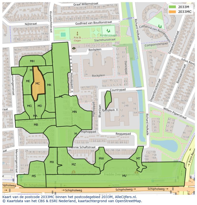 Afbeelding van het postcodegebied 2033 MC op de kaart.
