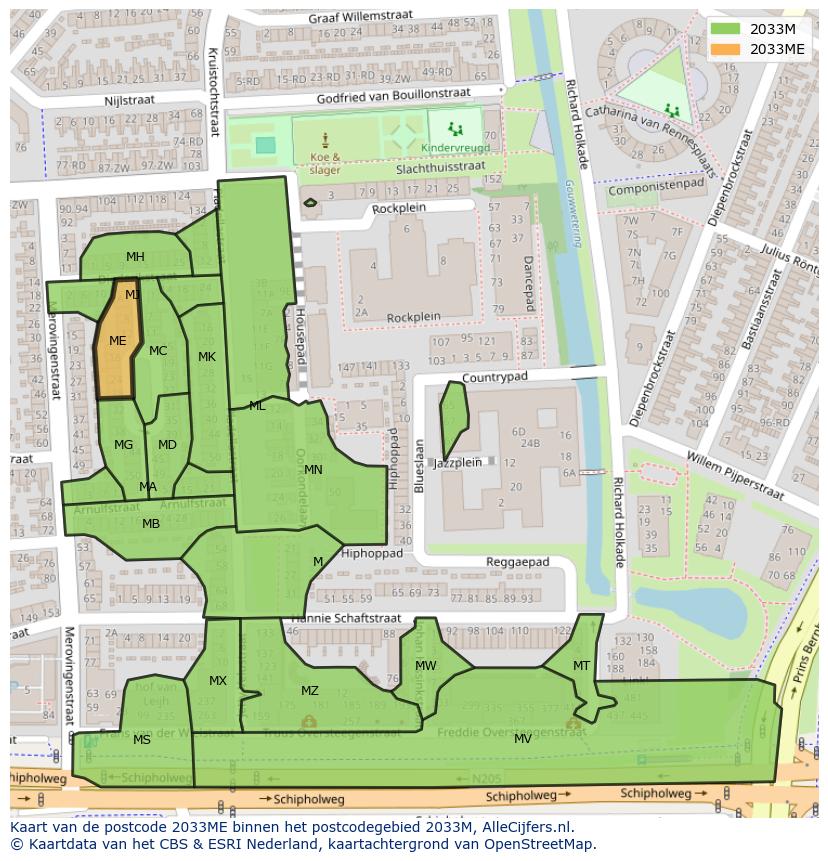 Afbeelding van het postcodegebied 2033 ME op de kaart.
