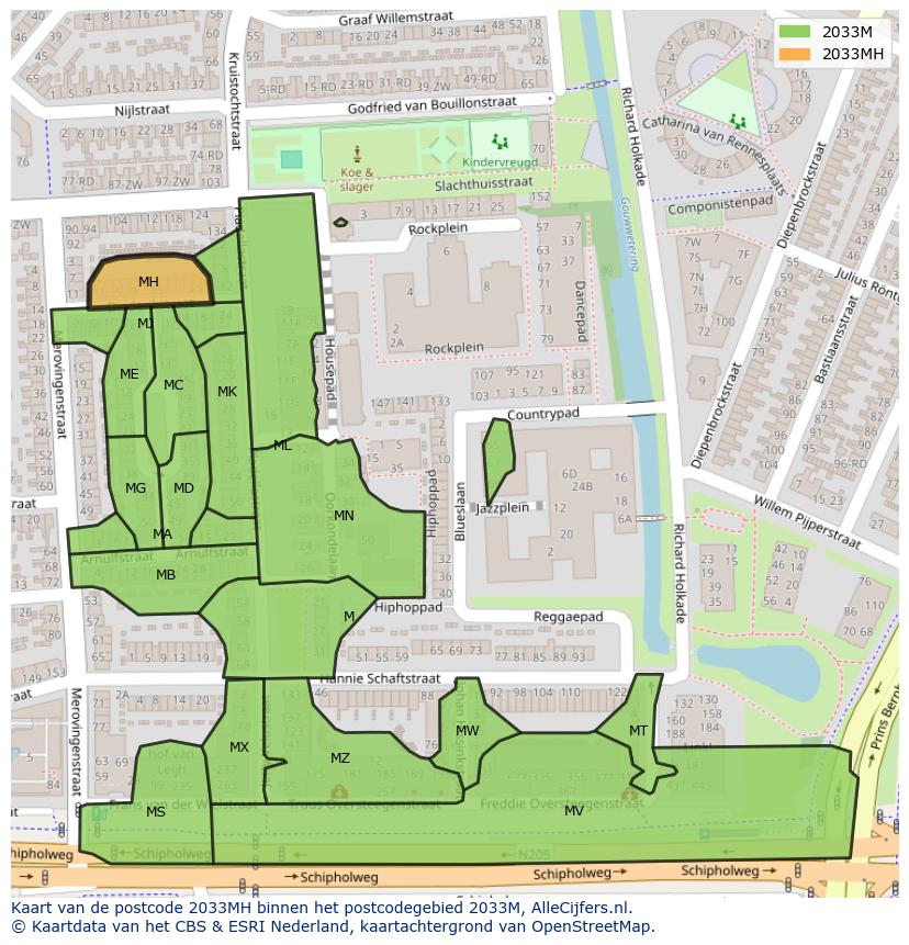 Afbeelding van het postcodegebied 2033 MH op de kaart.