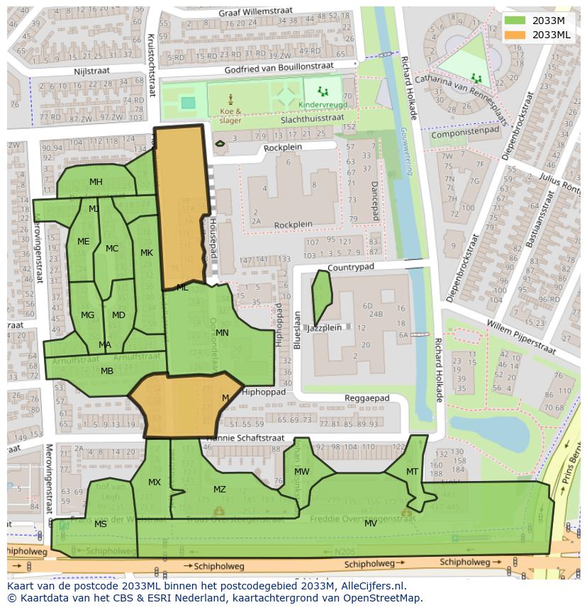 Afbeelding van het postcodegebied 2033 ML op de kaart.