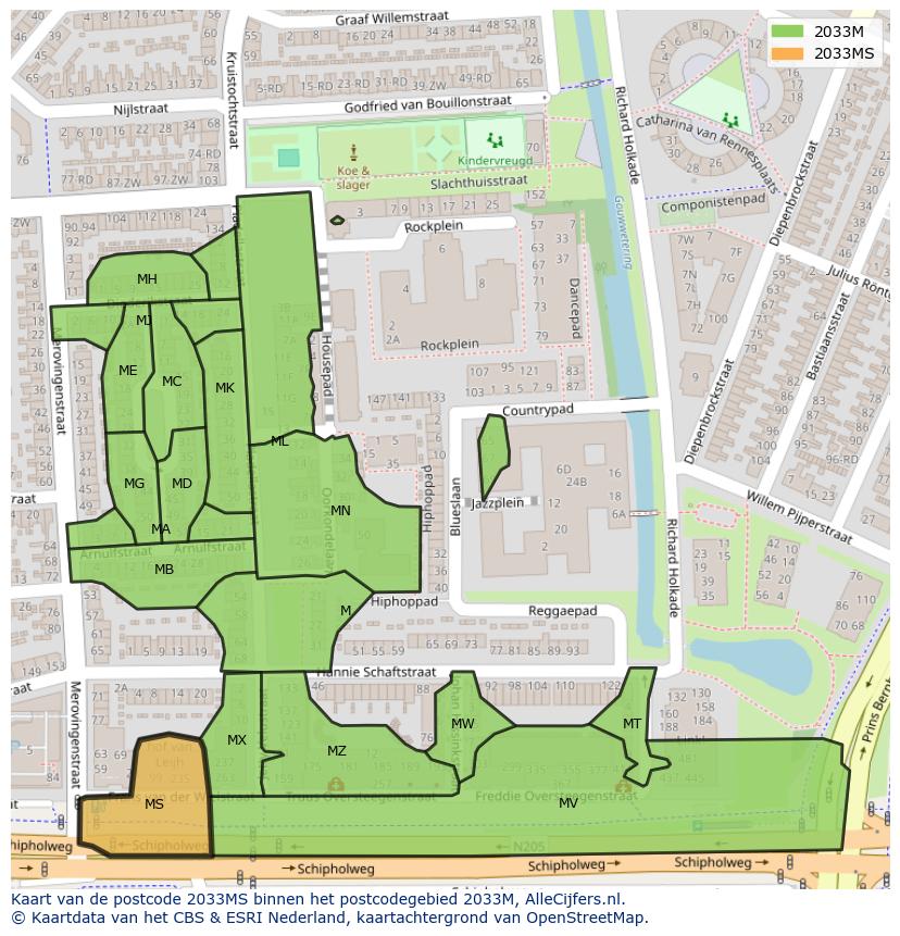 Afbeelding van het postcodegebied 2033 MS op de kaart.