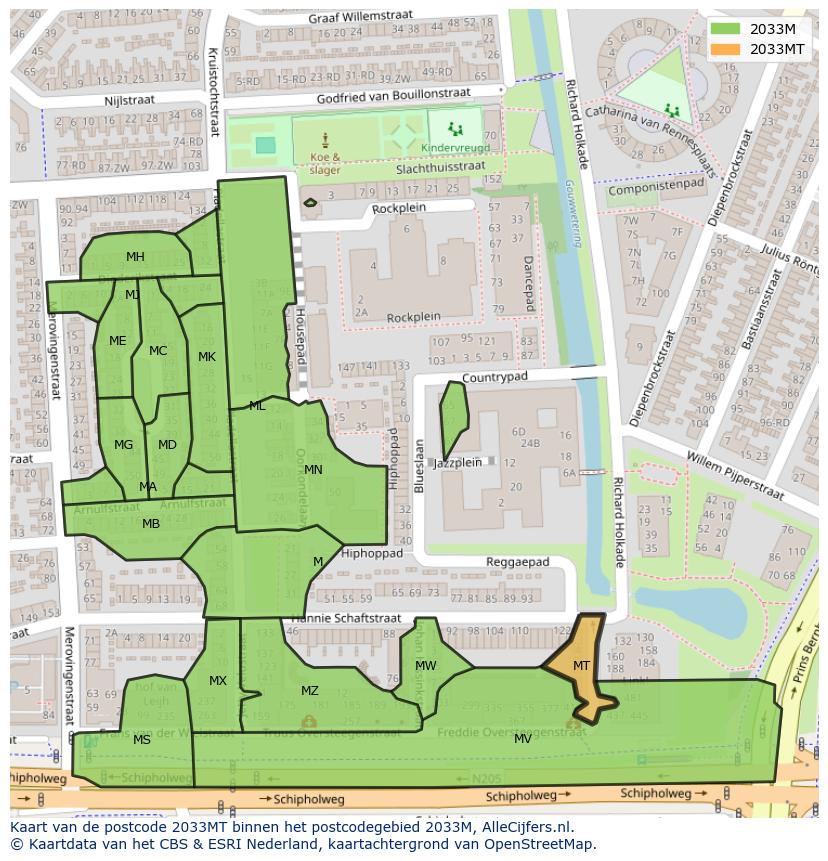 Afbeelding van het postcodegebied 2033 MT op de kaart.