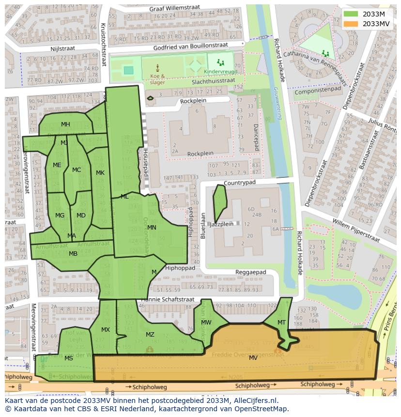 Afbeelding van het postcodegebied 2033 MV op de kaart.