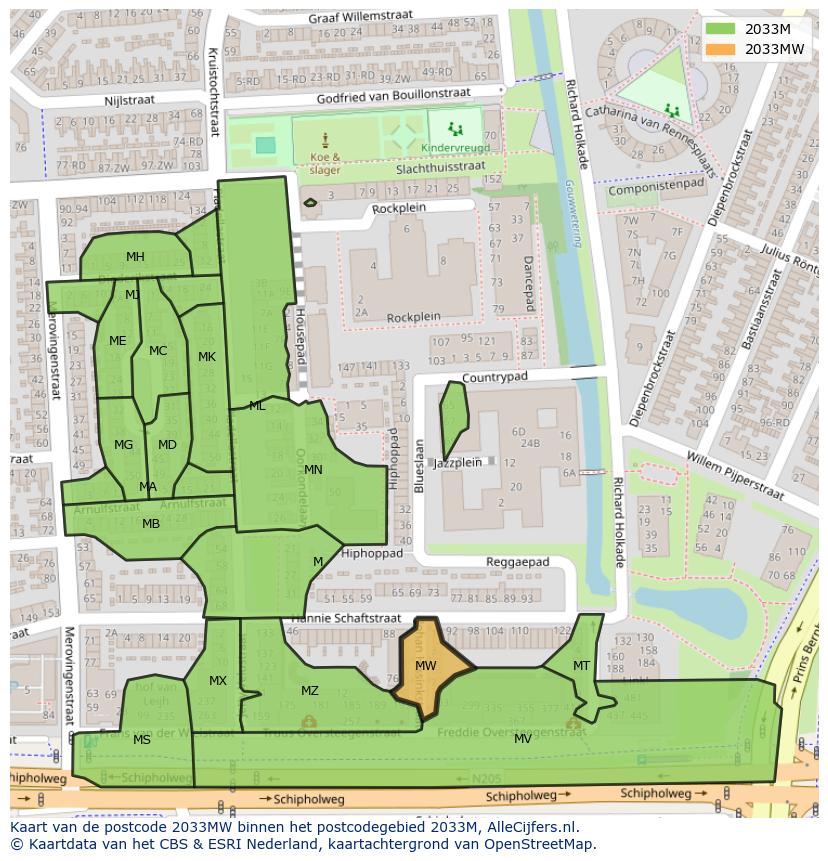 Afbeelding van het postcodegebied 2033 MW op de kaart.