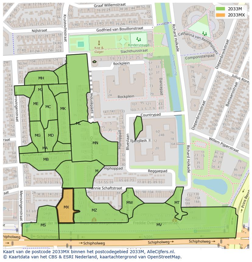 Afbeelding van het postcodegebied 2033 MX op de kaart.