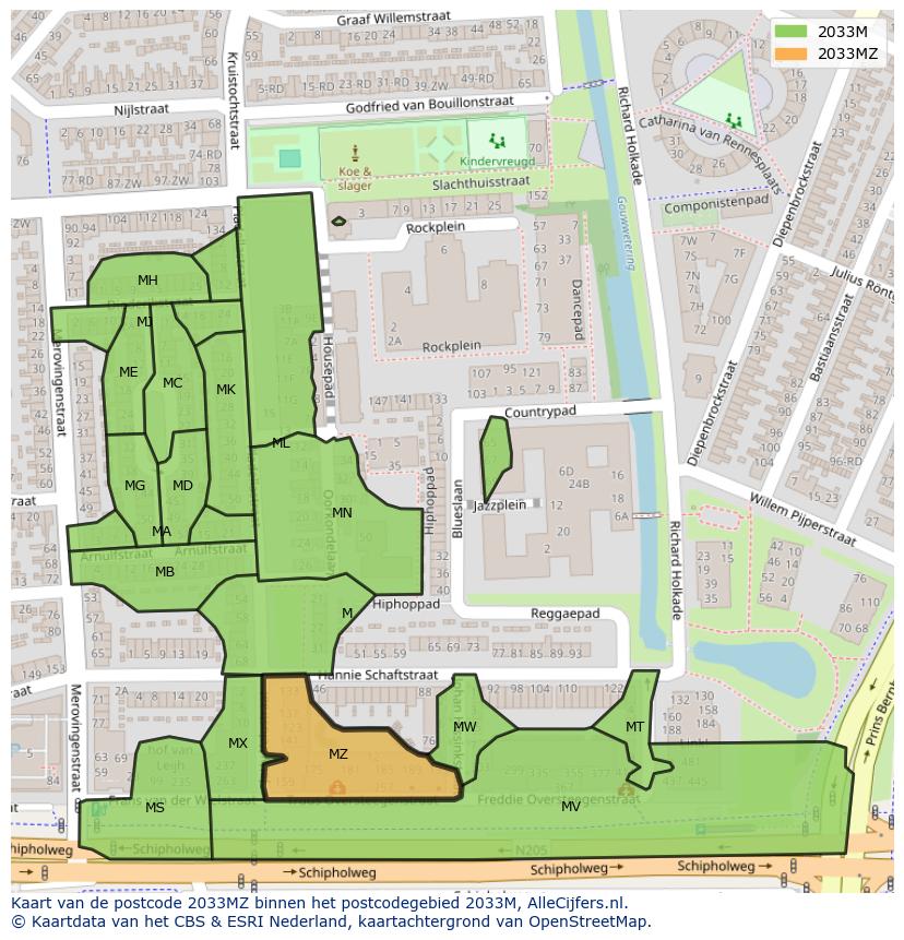 Afbeelding van het postcodegebied 2033 MZ op de kaart.