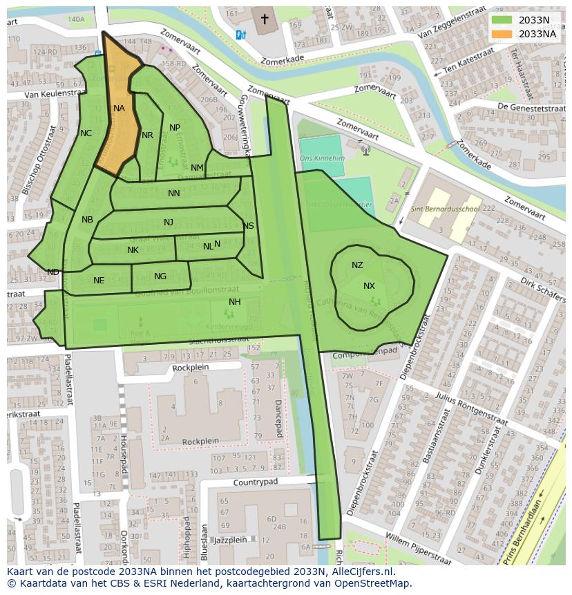 Afbeelding van het postcodegebied 2033 NA op de kaart.