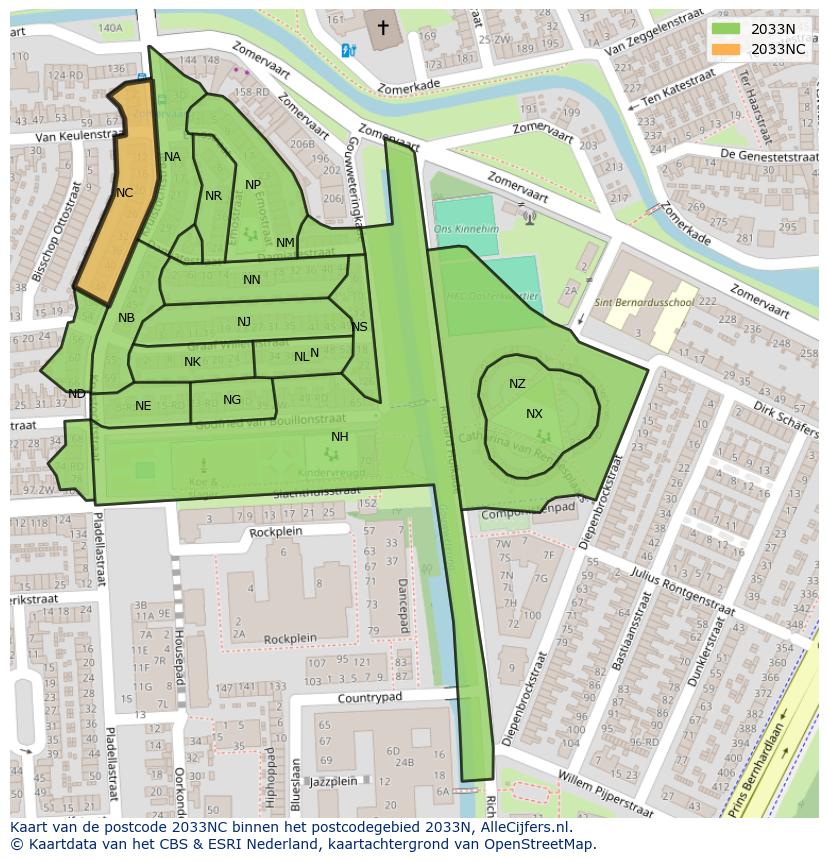 Afbeelding van het postcodegebied 2033 NC op de kaart.