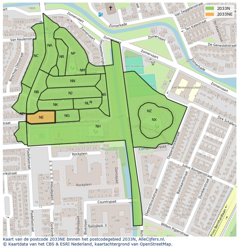 Afbeelding van het postcodegebied 2033 NE op de kaart.