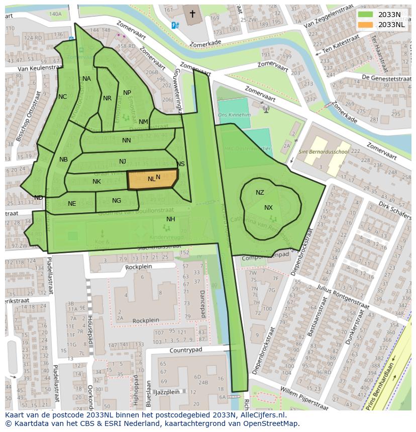 Afbeelding van het postcodegebied 2033 NL op de kaart.