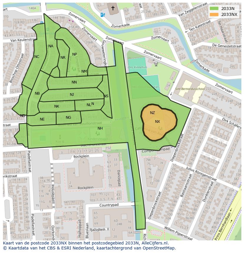 Afbeelding van het postcodegebied 2033 NX op de kaart.