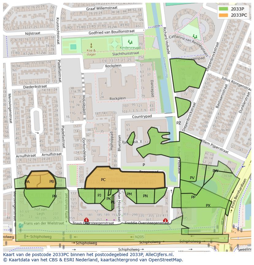 Afbeelding van het postcodegebied 2033 PC op de kaart.