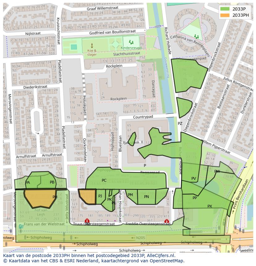 Afbeelding van het postcodegebied 2033 PH op de kaart.