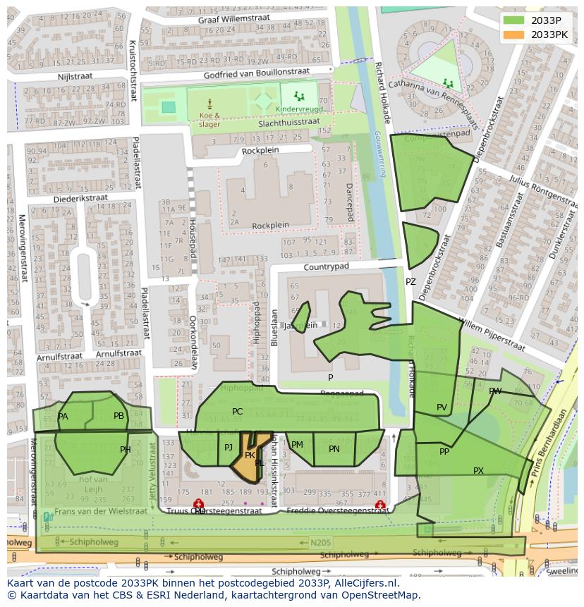 Afbeelding van het postcodegebied 2033 PK op de kaart.