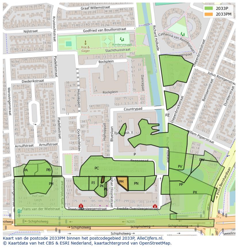 Afbeelding van het postcodegebied 2033 PM op de kaart.