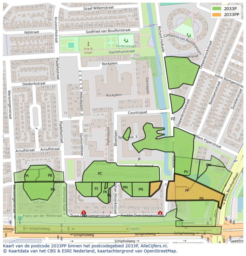 Afbeelding van het postcodegebied 2033 PP op de kaart.