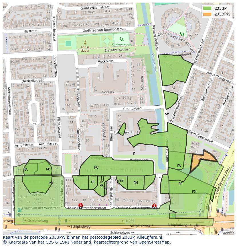 Afbeelding van het postcodegebied 2033 PW op de kaart.