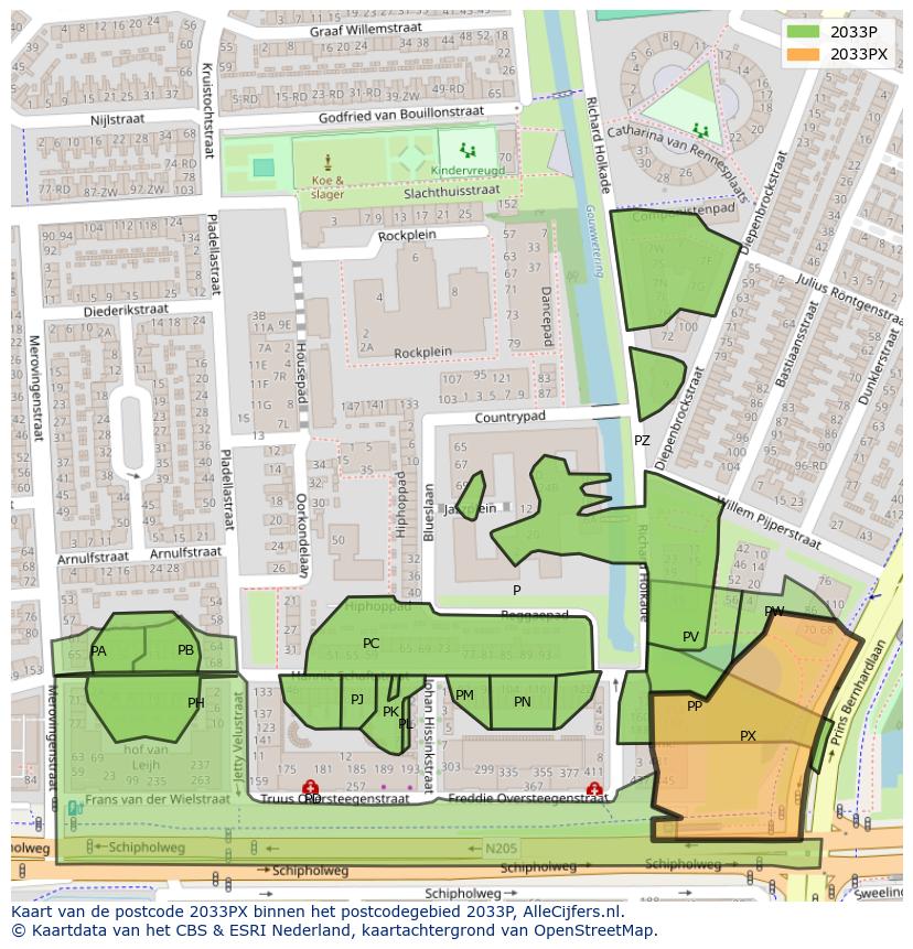 Afbeelding van het postcodegebied 2033 PX op de kaart.