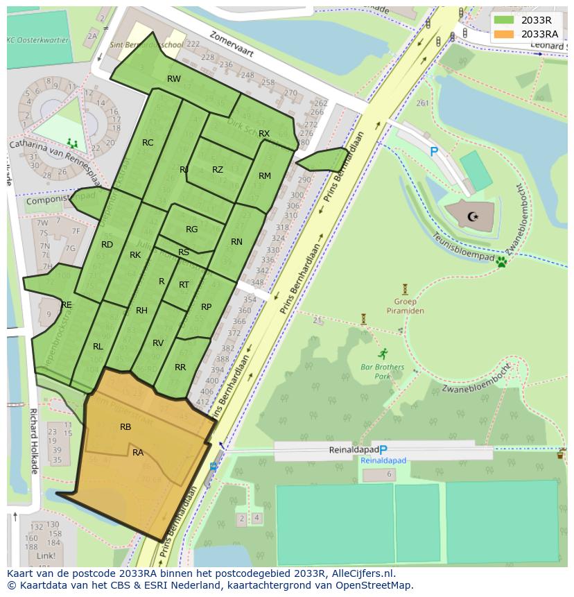 Afbeelding van het postcodegebied 2033 RA op de kaart.