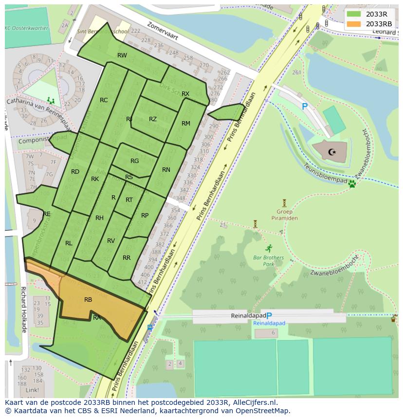 Afbeelding van het postcodegebied 2033 RB op de kaart.