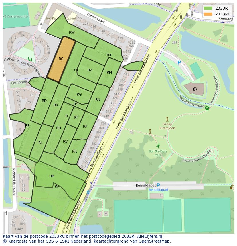 Afbeelding van het postcodegebied 2033 RC op de kaart.