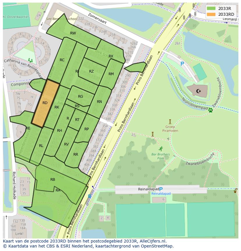 Afbeelding van het postcodegebied 2033 RD op de kaart.