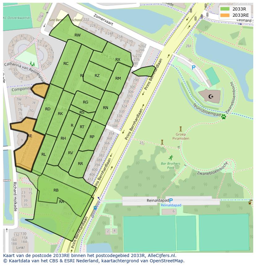 Afbeelding van het postcodegebied 2033 RE op de kaart.