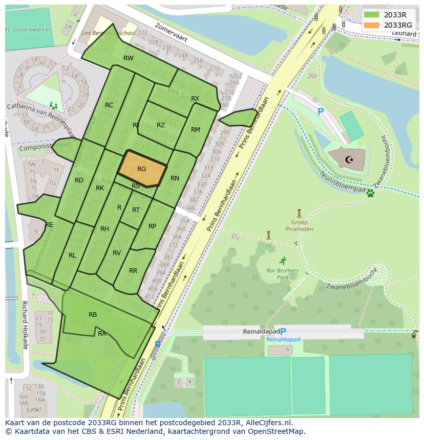 Afbeelding van het postcodegebied 2033 RG op de kaart.