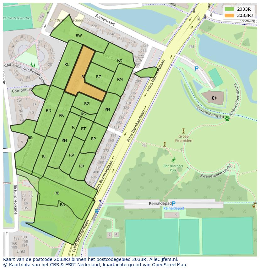 Afbeelding van het postcodegebied 2033 RJ op de kaart.