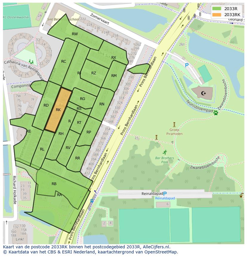 Afbeelding van het postcodegebied 2033 RK op de kaart.