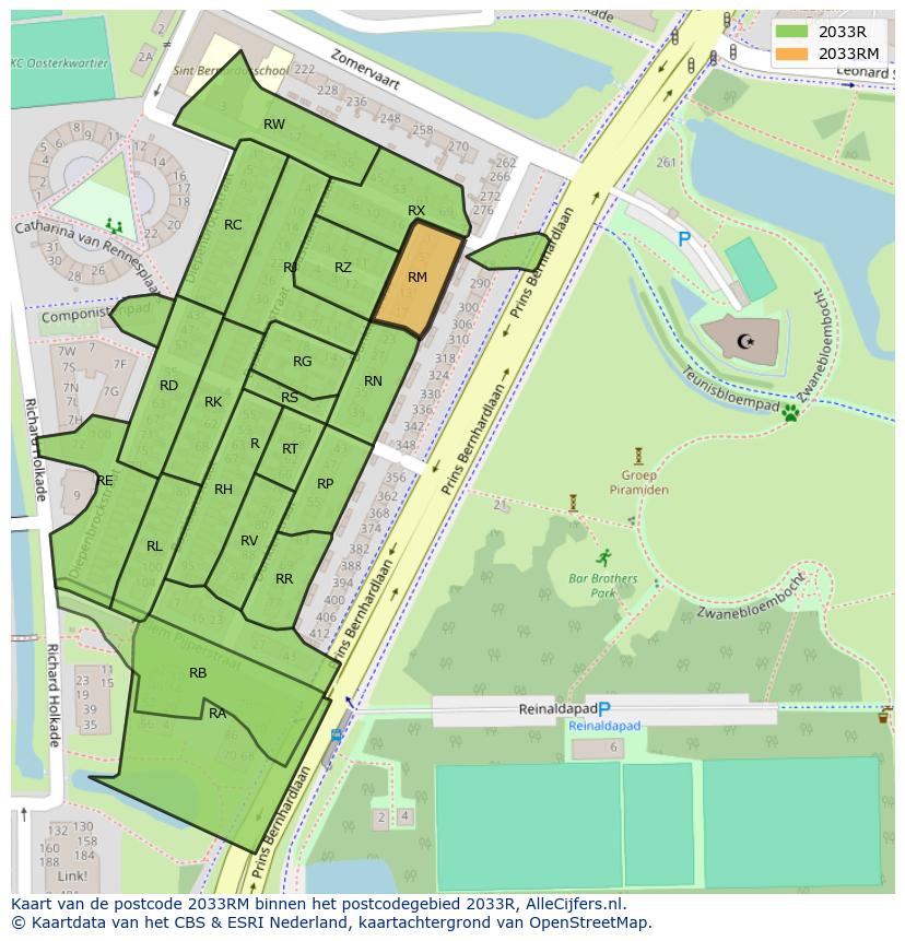 Afbeelding van het postcodegebied 2033 RM op de kaart.