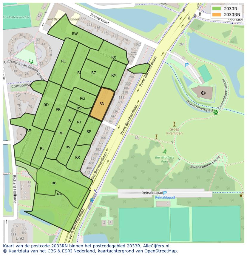 Afbeelding van het postcodegebied 2033 RN op de kaart.