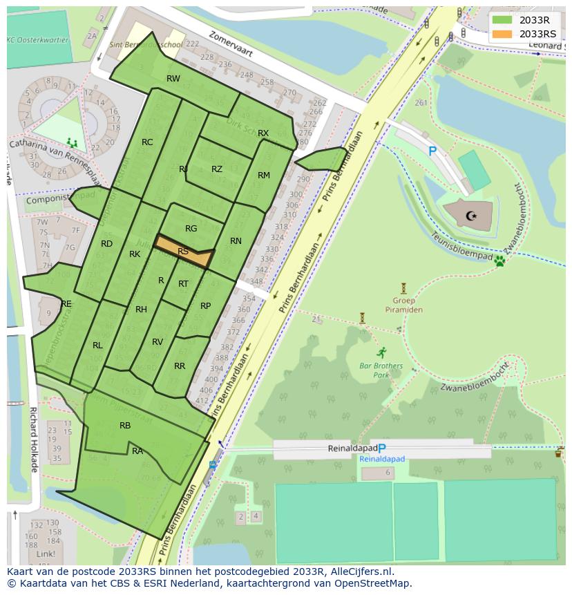 Afbeelding van het postcodegebied 2033 RS op de kaart.