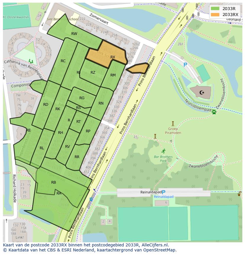 Afbeelding van het postcodegebied 2033 RX op de kaart.