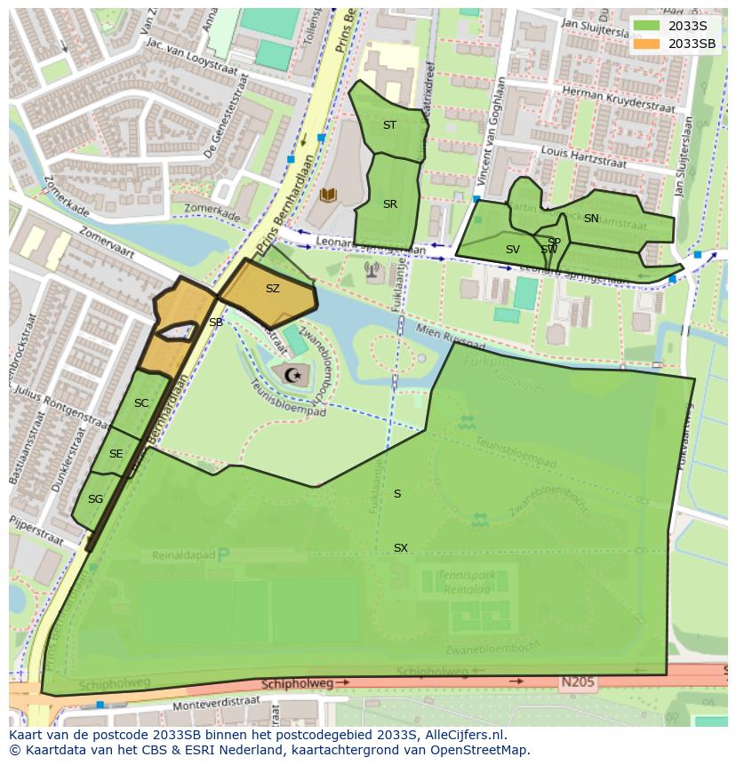 Afbeelding van het postcodegebied 2033 SB op de kaart.