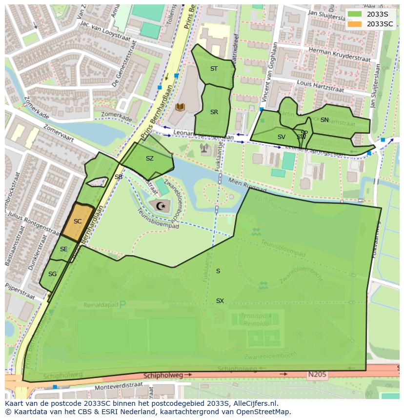 Afbeelding van het postcodegebied 2033 SC op de kaart.
