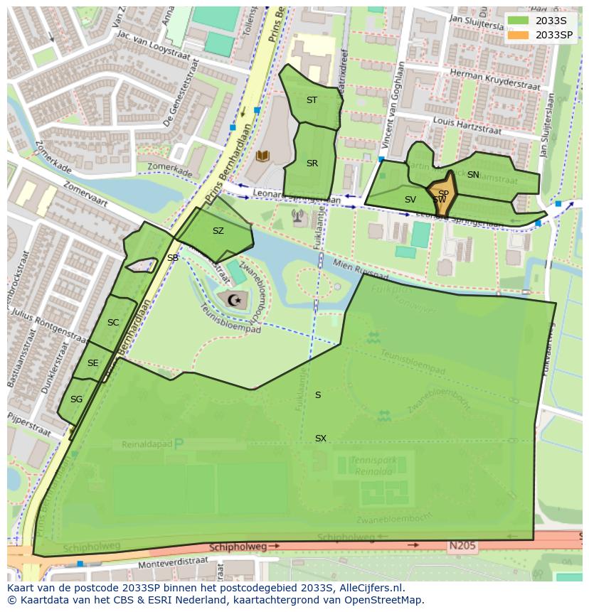 Afbeelding van het postcodegebied 2033 SP op de kaart.