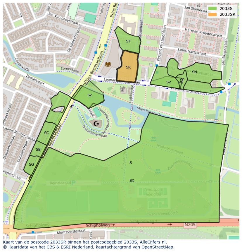 Afbeelding van het postcodegebied 2033 SR op de kaart.
