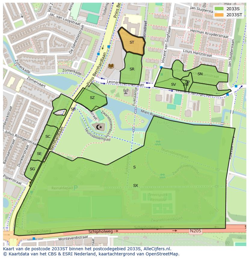 Afbeelding van het postcodegebied 2033 ST op de kaart.