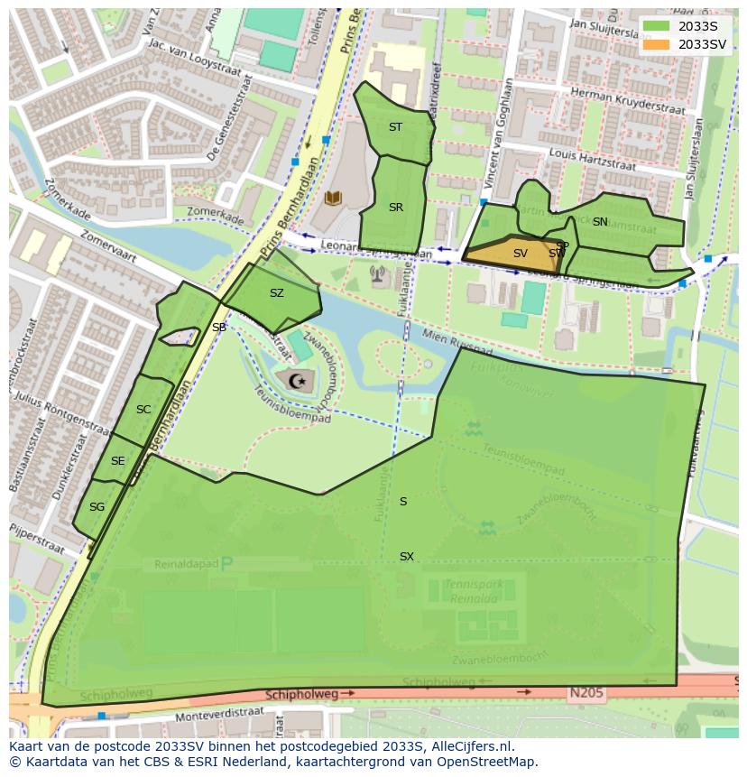 Afbeelding van het postcodegebied 2033 SV op de kaart.