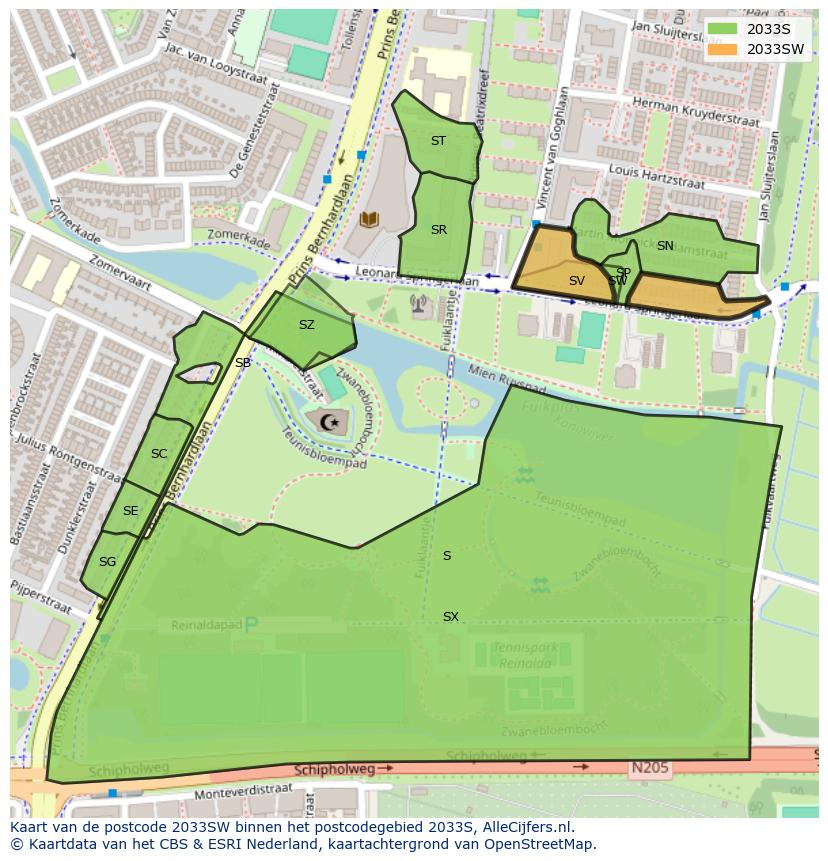 Afbeelding van het postcodegebied 2033 SW op de kaart.