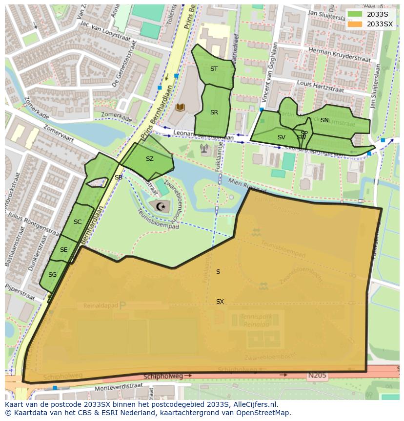 Afbeelding van het postcodegebied 2033 SX op de kaart.