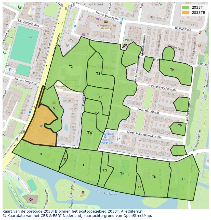 Afbeelding van het postcodegebied 2033 TB op de kaart.