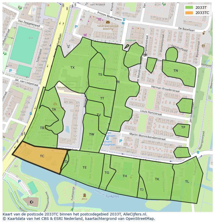 Afbeelding van het postcodegebied 2033 TC op de kaart.