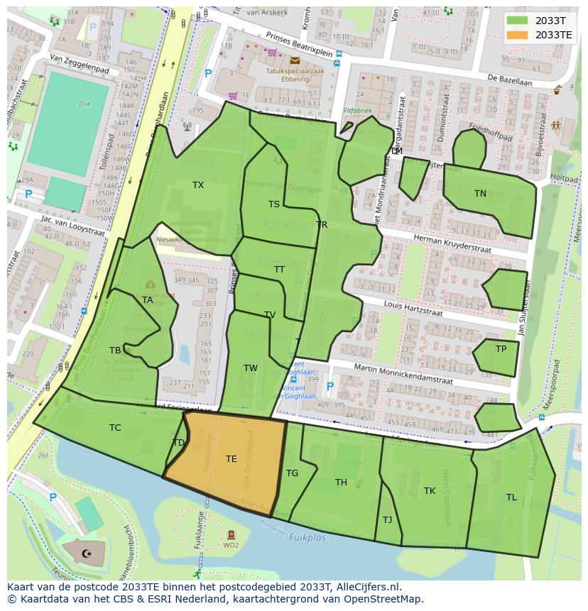 Afbeelding van het postcodegebied 2033 TE op de kaart.