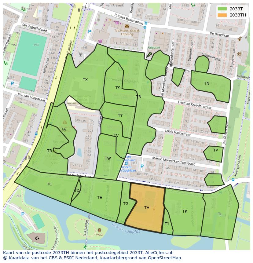 Afbeelding van het postcodegebied 2033 TH op de kaart.