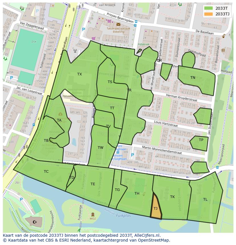 Afbeelding van het postcodegebied 2033 TJ op de kaart.